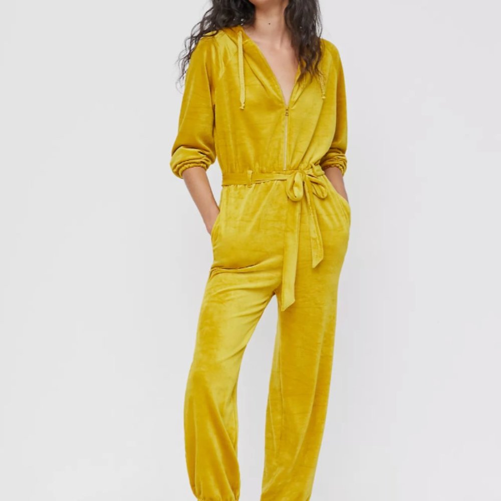 Saturday Sunday Anthropologie Gold Yellow Velvet Jumpsuit Small